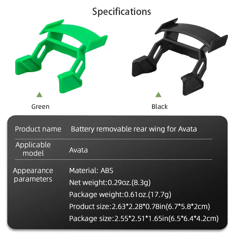 Flight Tail for DJI Avata, Specifications Green Black Product name Battery removable rear wing for Avata Applicable