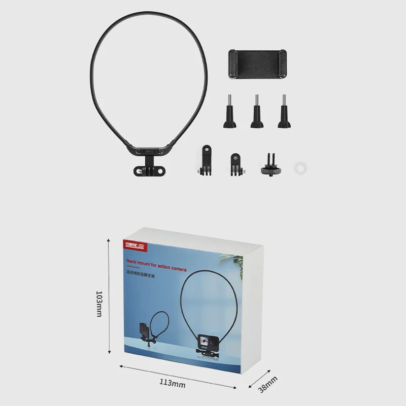 STARTRC Hanging Neck Mount Holder, STARTRC neck mount fits Insta360, DJI Action, GoPro, and phones; adjustable strap, adapters included, compact 113x38x103mm design for hands-free use.