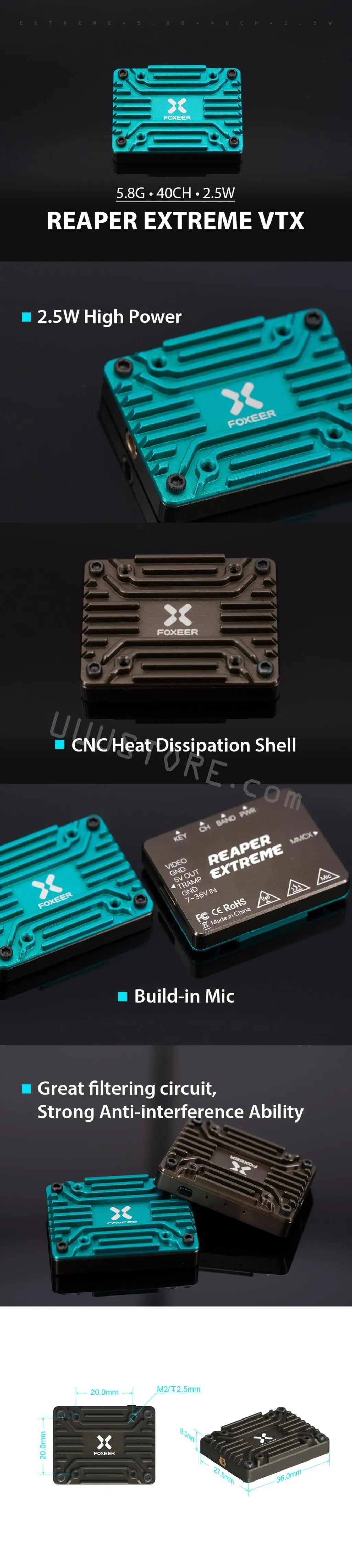 Foxeer Reaper Extreme Transmitter - 5.8GHz Pit/25mW/200mW/500mW/1.5W/2.5W 2500mW 40CH VTX FPV Transmitter For Long Rang RC Drone Airplane 9 Foxeer Reaper Extreme Transmitter, FOXEER 5.8G 4OCH 2.5W REAPER EXTREME