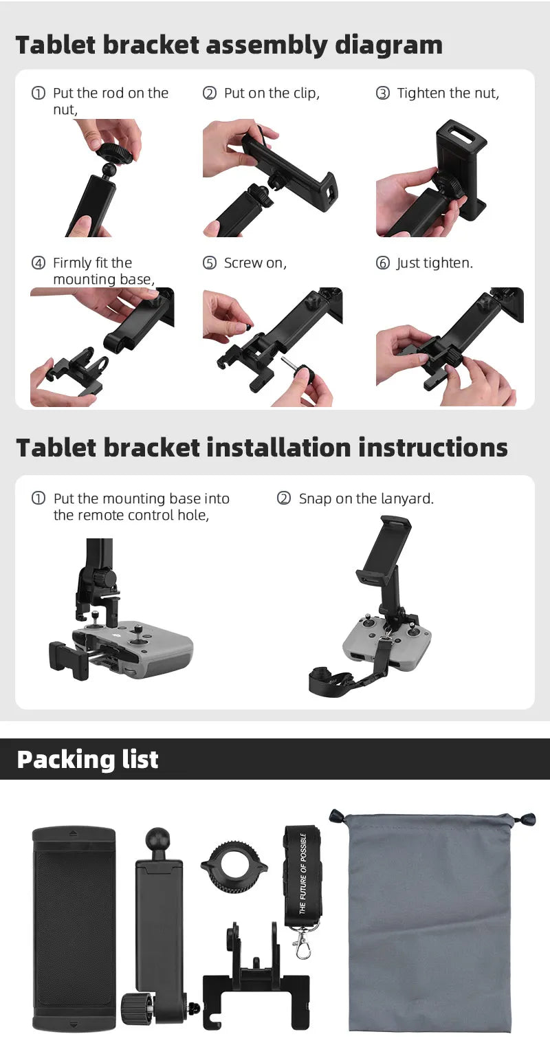 Tablet Extended Bracket Holder Mount for DJI Mavic 3 Mini 2/ DJI Air 2/2S/ DJI MINI 3 PRO Drone Remote Control Tablet Clip RC-N1 DJI Accessories 16 Tablet Extended Bracket Holder, tablet bracket assembly diagram Put the rod on the Snap on the lanyard . the remote
