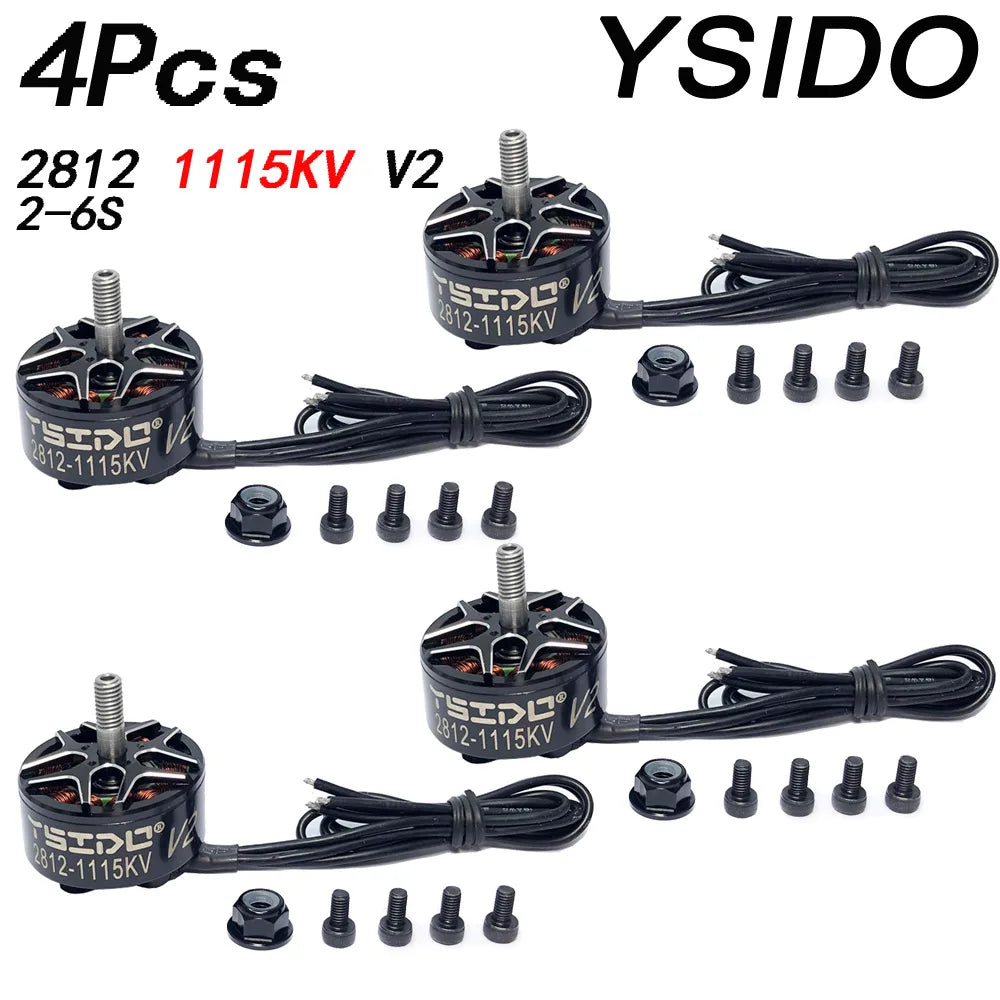YSIDO 2812 V2 900KV 1115KV 3-6S Brushless Motor, YSIDO 2812 V2 1115KV brushless motors for 7"-9" FPV drones, includes four motors, cables, hardware; perfect for long-range multirotor DIY projects.