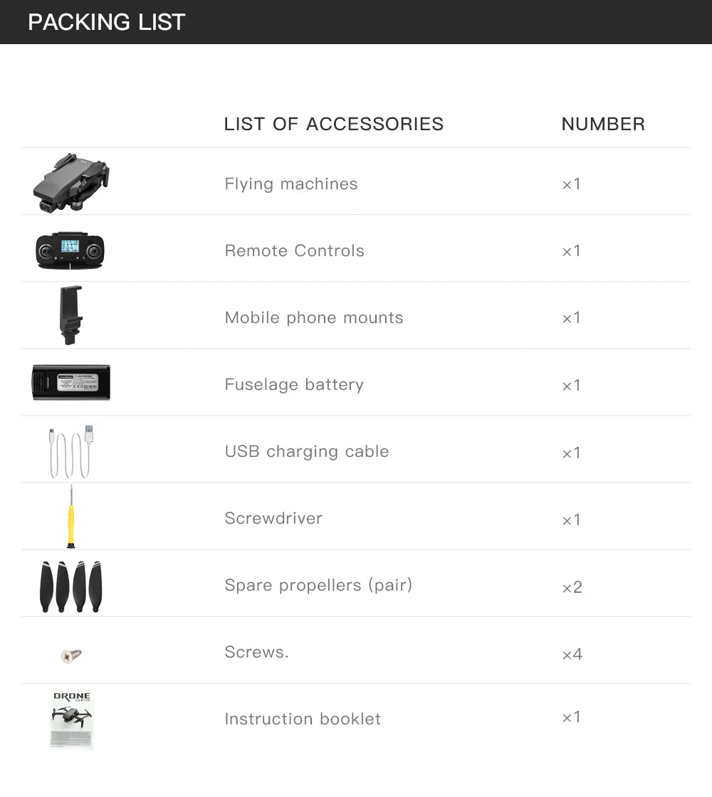 ZLL SG107 Pro Mini Drone, packing list list of accessories number flying machines remote controls mobile phone mounts