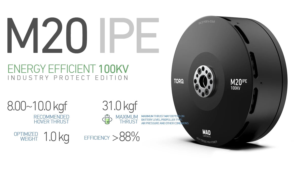 MAD M20 IPE Drone Motor, High-efficiency brushless motor for heavy-lift hexacopters and octocopters with 8-10 kgf thrust range.