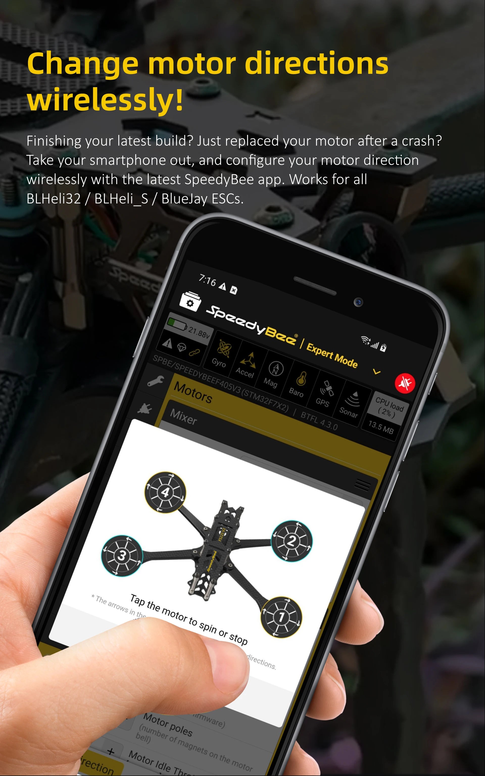 SpeedyBee F405 V3 50A Stack, speedybee app allows you to change motor directions wirelessly . works for all 