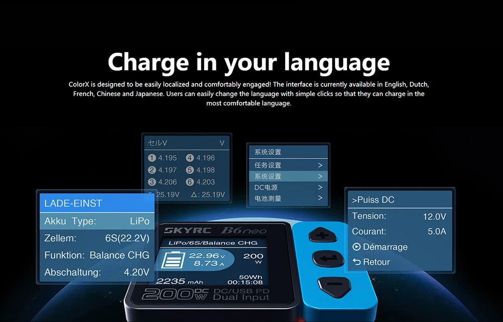 2023 SkyRC B6neo Smart Charger, ColorX is currently available in English, Dutch, French; Chinese and Japanese . users can