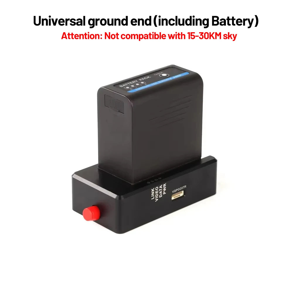 Universal ground end with battery; incompatible with 15-30KM sky. Features LINK, VIDEO, PWR, and VGP665TR labels.