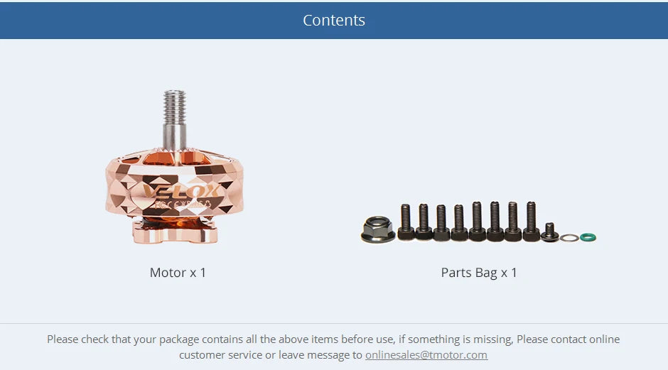 T-motor, check that your package contains all the above items before use . if something is missing,