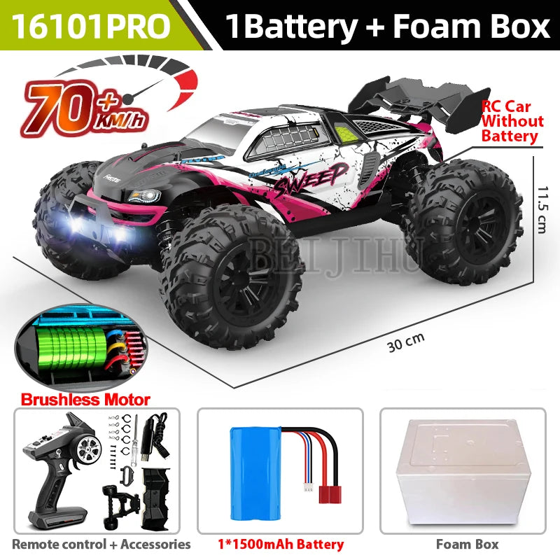 16101PRO RC car with brushless motor, reaches 70+ km/h, includes 1 battery and foam box, 30cm long.