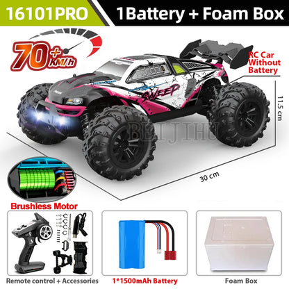 16101PRO RC car with brushless motor, reaches 70+ km/h, includes 1 battery and foam box, 30cm long.
