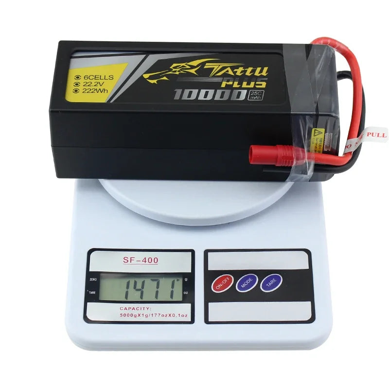 The Tattu Plus 10000mAh lipo battery has a capacity of 25C and a voltage of 22.2V, suitable for RC drones.