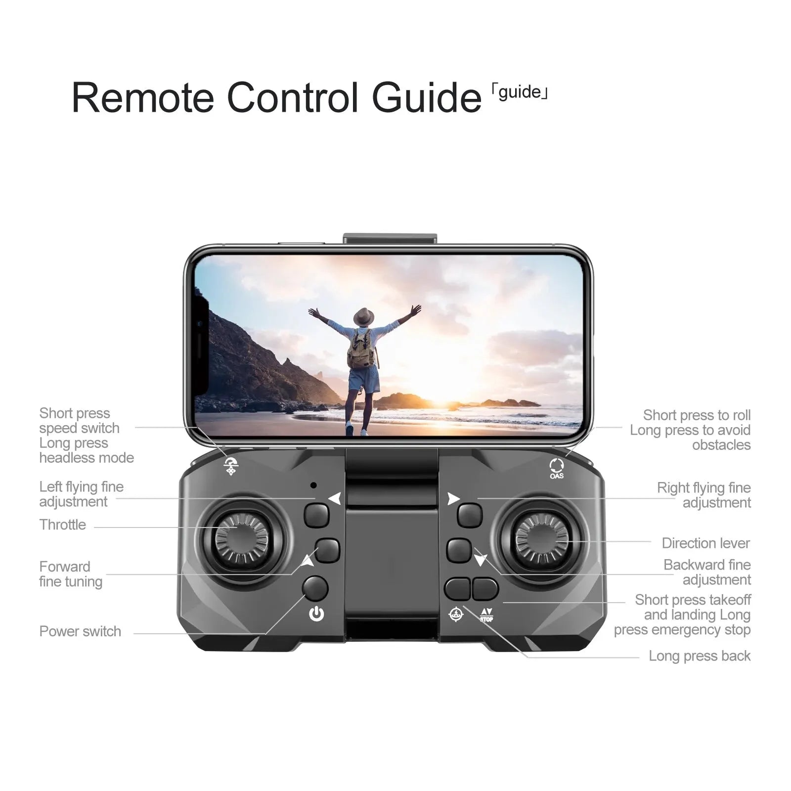 S92 Drone, remote control guide tguideu short press to roll speed switch long