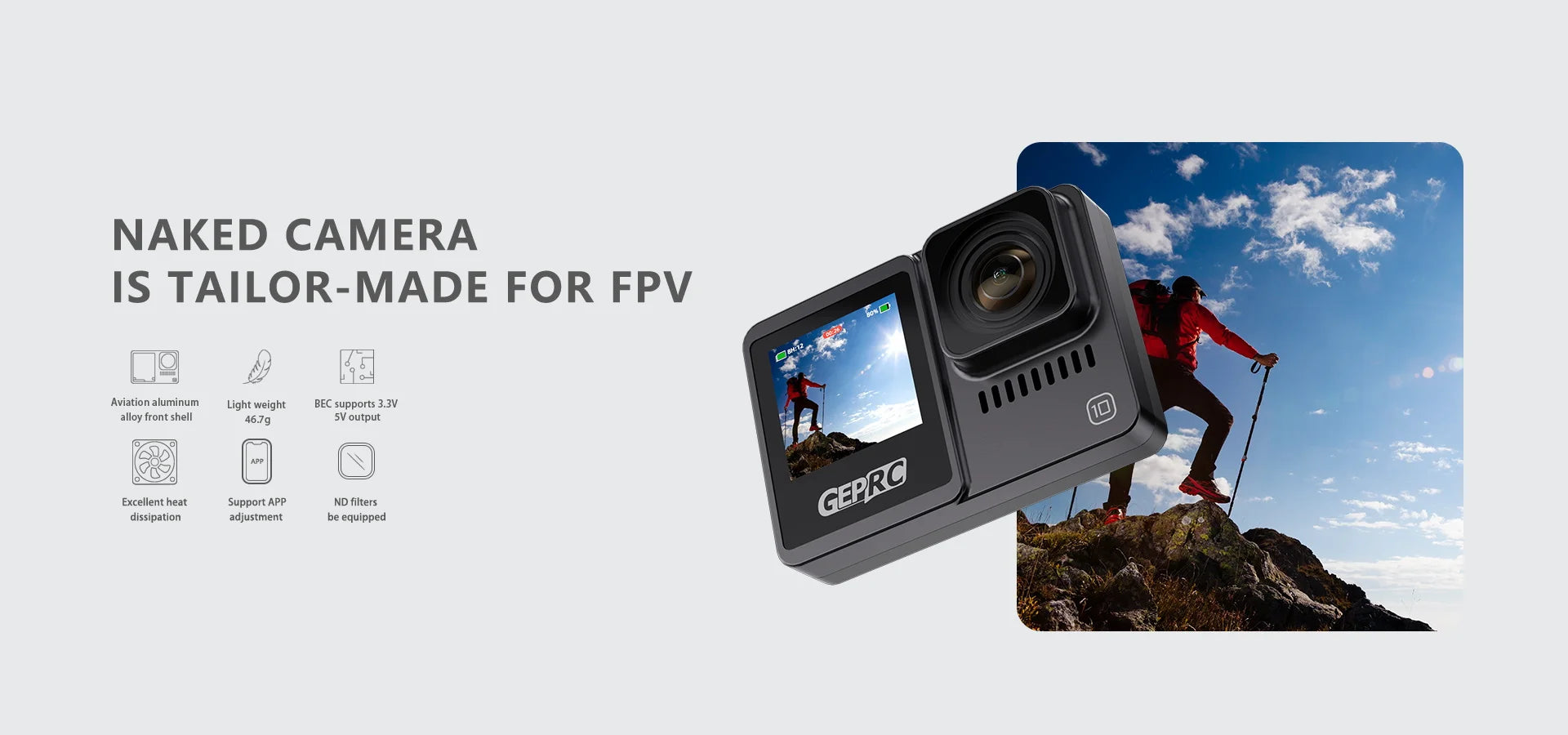 GEPRC Naked Camera, BEC supports 3.3V alloy front shell 46.7g SV output Excellent heat Support 