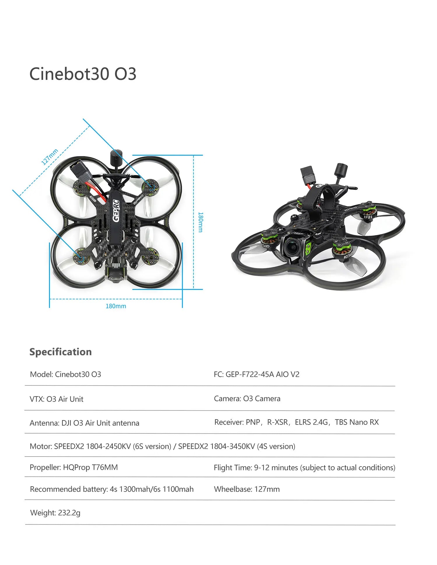 GEPRC Cinebot30 FPV Drone, Cinebot30 03 8 . Recommended battery: 4s 130Omah/6s