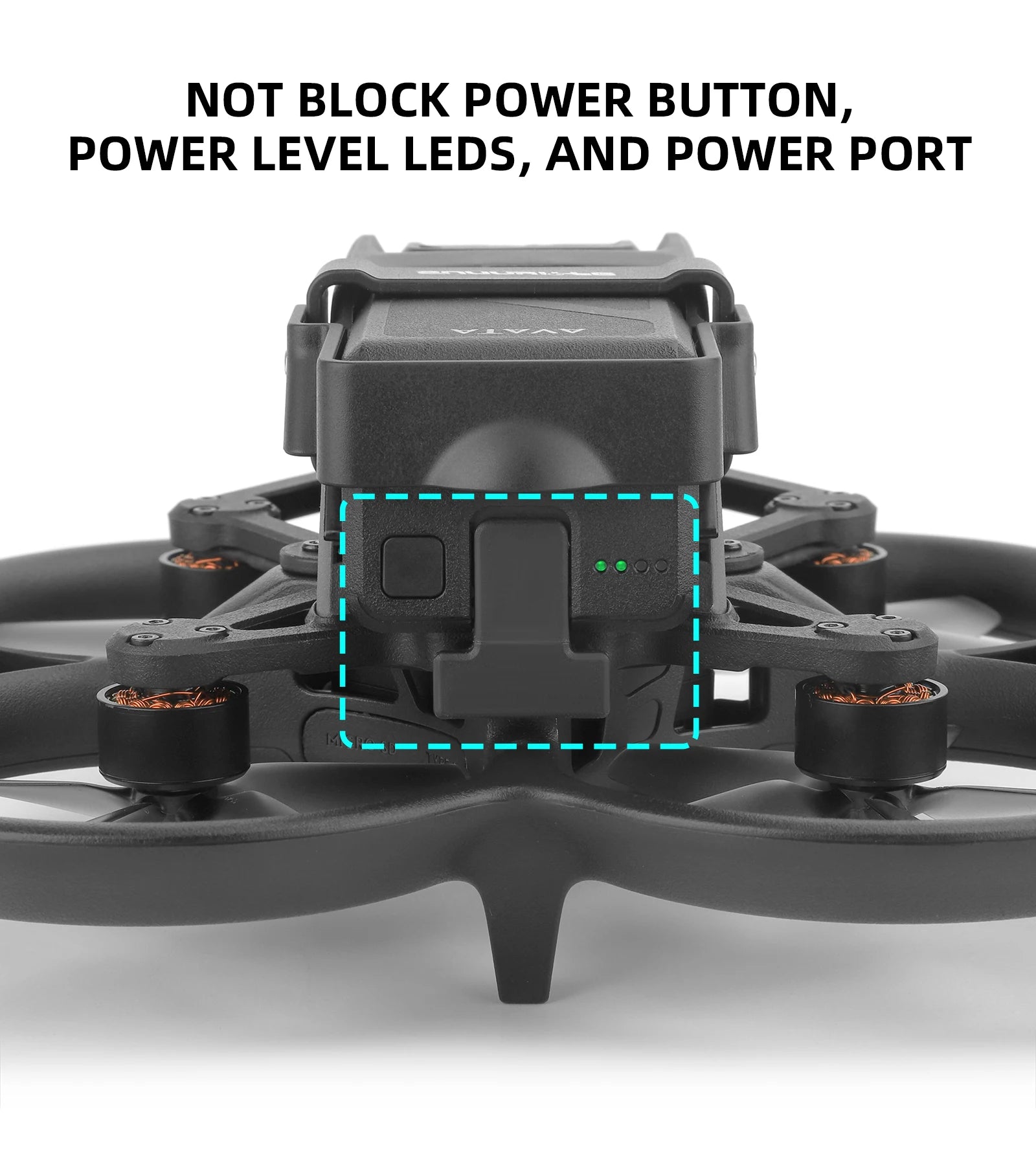 Battery Anti-release Buckle, NOT BLOCK POWER BUTTON, POWER LEVEL LEDS, AND POWER