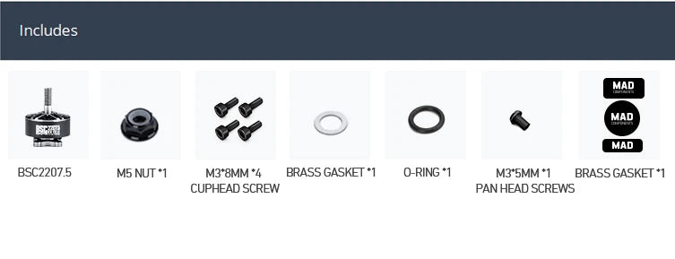 MAD BSC2207.5 FPV Drone Motor, Motor kit with components: motor, nut, gaskets, O-ring, and screws for assembly.
