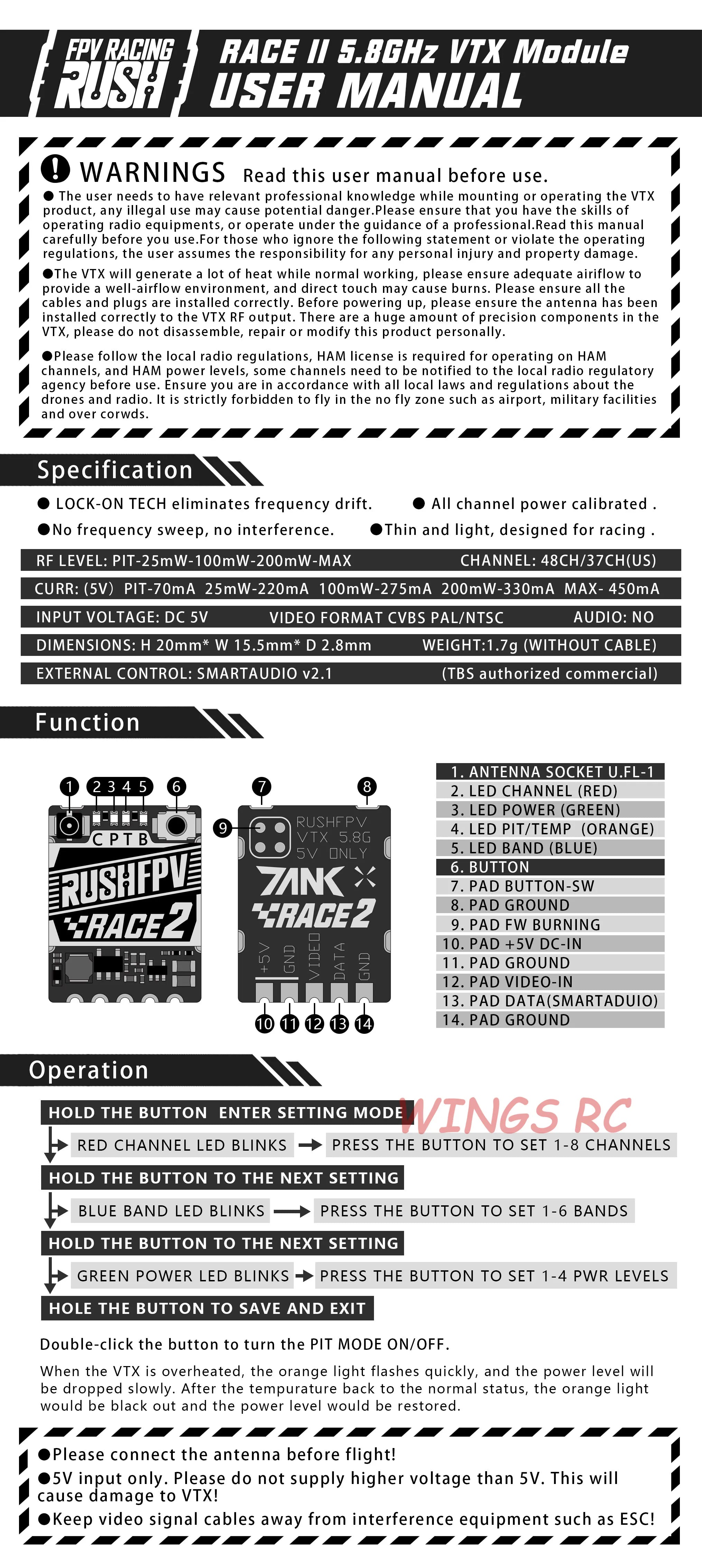 RUSH TANK RACE II VTX - 48CH PIT/25/50/200mW/MAX 5.8GHz Video Transmitter w/ Smart Audio 20x15mm 1.7g Stackable For FPV Racing Drone Micro Stacks 13 RUSH TANK RACE II VTX, RUSH TANK RACE II