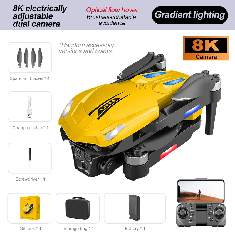 The D11 Drone features optical flow, hover, and adjustable motors, with dual cameras for obstacle avoidance.