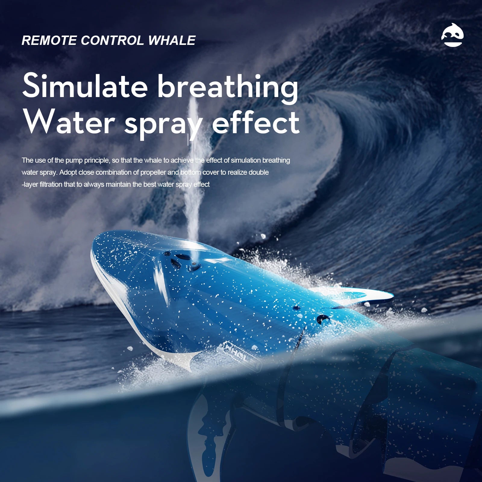 Remote-controlled whale uses a pump to simulate breathing spray, with dual propellers and a filtered bottom cover for enhanced water spray performance.