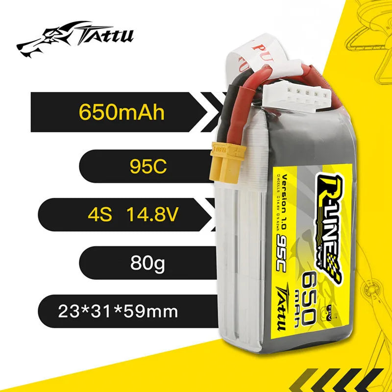 TATTU R-Line 1.0 14.8V 4S 650mAh 95C Lipo Battery for FPV Racing Drone