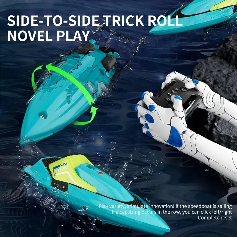 4DRC S5 2.4G Mini RC Boat, A dual-motor RC speedboat featuring side-to-side trick rolls and innovative play capabilities, operated via remote control.