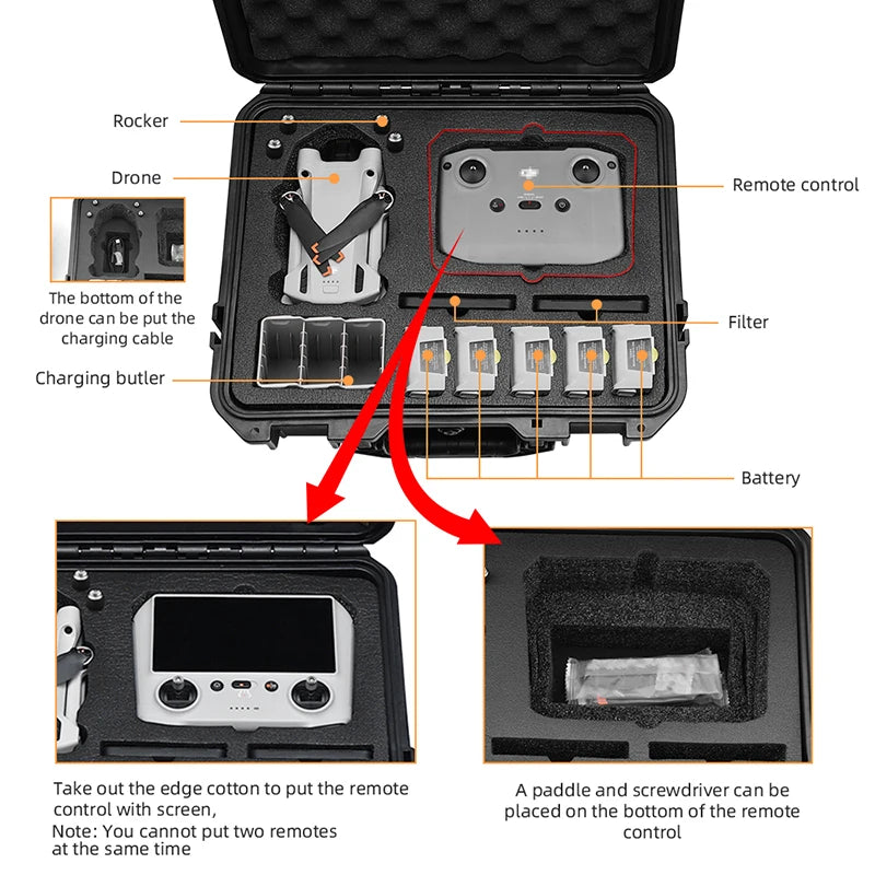 Hard Shell Storage Box for DJI Mini 3 Pro, Rocker Drone Remote control The bottom of the remote can be put the Filter charging cable