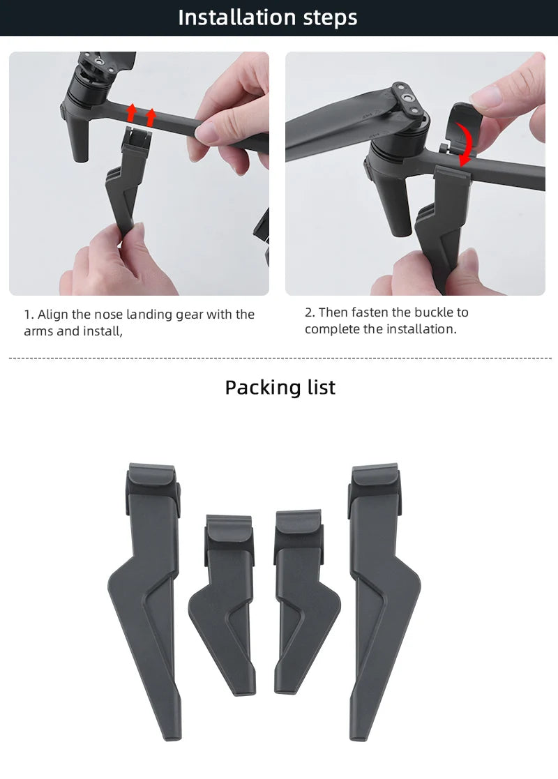 Landing Gear for DJI Mavic 3/3 Classic Drone - Height Extender Support Leg Gimbal Camera Protector Leg Mavic 3 Accessories 39 Landing Gear for DJI Mavic 3/3 Classic Drone, installation steps 1. Align the nose landing gear with the 2. Then fasten the buckle to