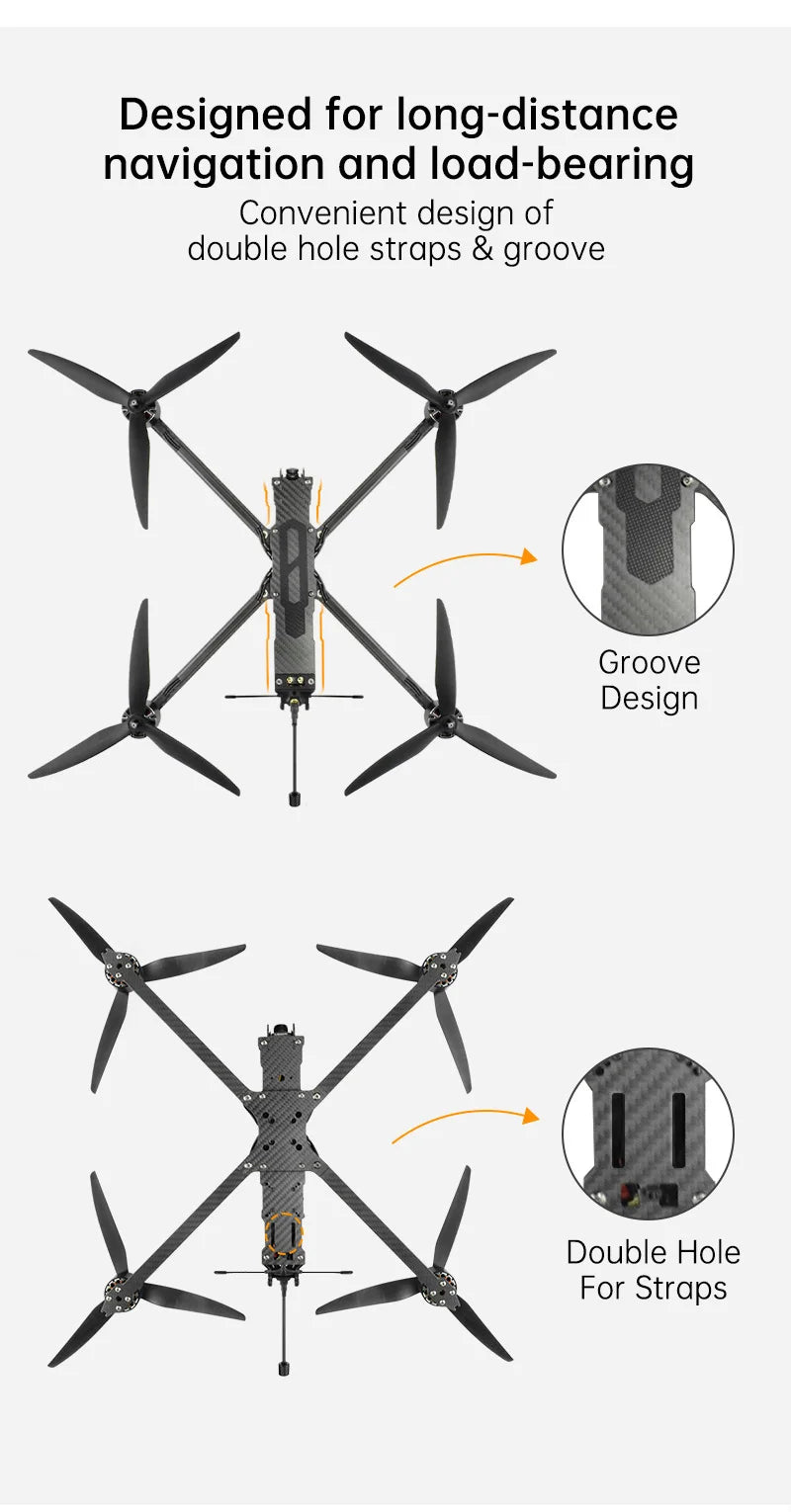 Sequre Bkli10 10Inch FPV, This drone is designed for long-distance navigation and load-bearing, featuring a convenient design with double-hole straps and grooves.