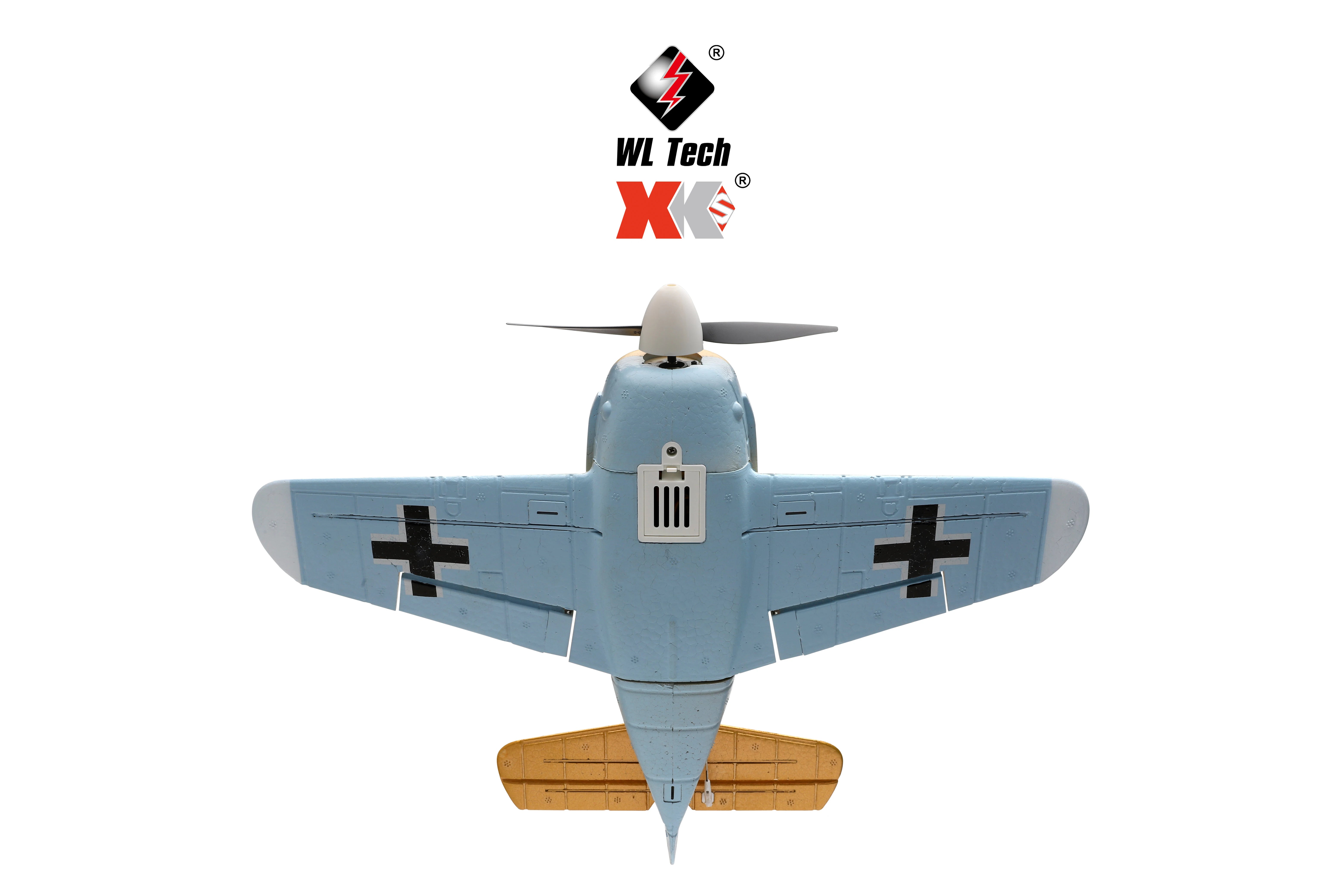 WLtoys XK A500  A250 RC Plane, the upper part of the plane is dark blue and the lower part is light blue to show the