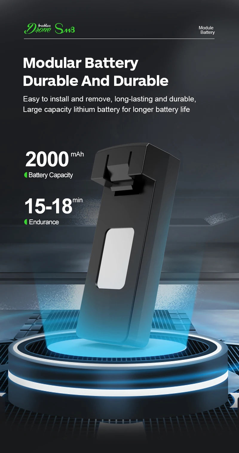 S118 Drone, Large capacity lithium battery for longer battery life mAh 2000 Battery Capacity min 15-18 End
