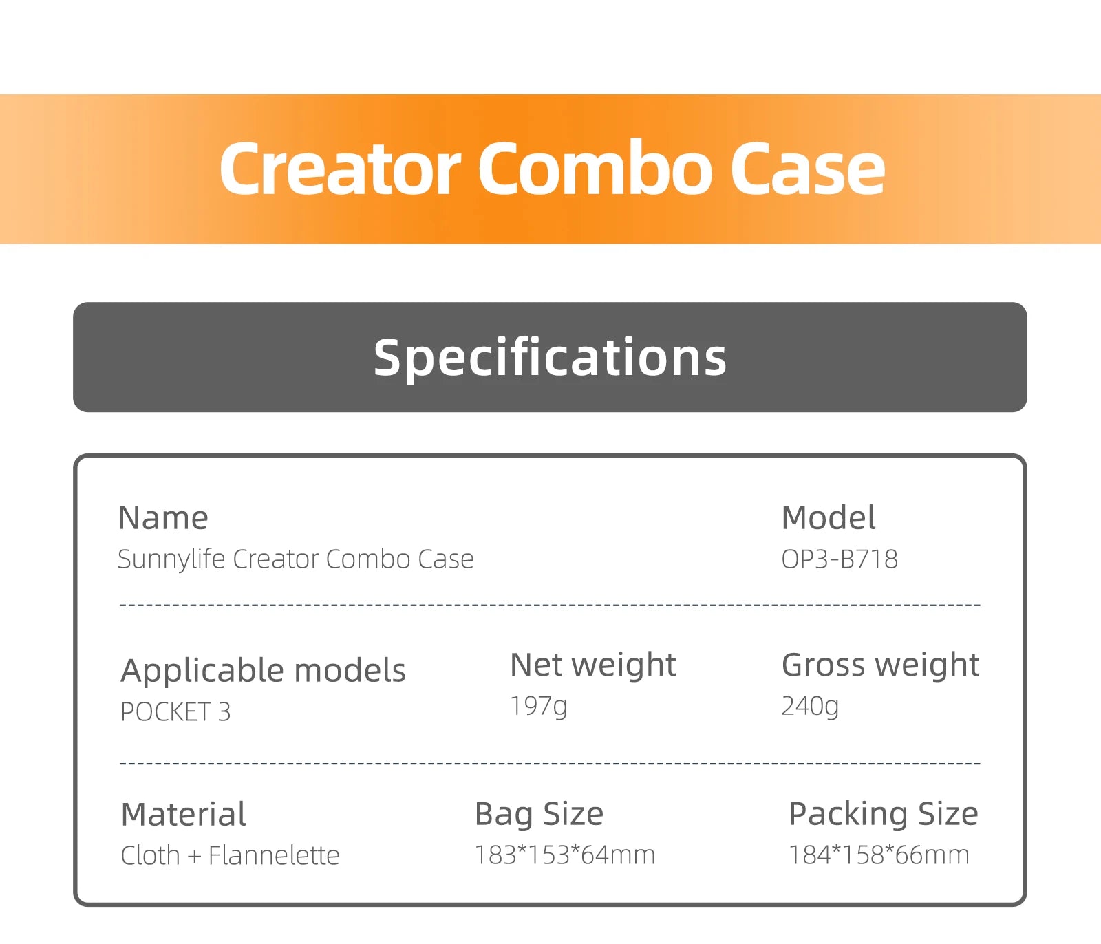 For DJI Pocket 3 Storage Bag, Sunnylife Creator Combo Case OP3-B718 Applicable models Net weight