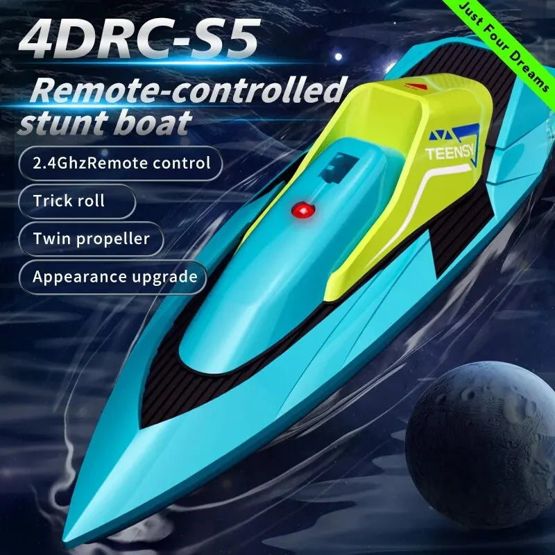 4DRC S5 2.4G Mini RC Boat, 4DRC-S5 stunt boat features 2.4GHz control, twin propellers, trick roll capability, and upgraded design for enhanced performance and durability.