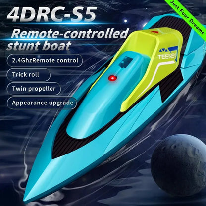 4DRC S5 2.4G Mini RC Boat, 4DRC-S5 stunt boat features 2.4GHz control, twin propellers, trick roll capability, and upgraded design for enhanced performance and durability.