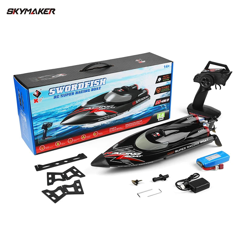 WLtoys WL916 RC Boat, High-speed, waterproof Swordfish RC racing boat with brushless motor, capsize recovery, low battery alarm, 2.4GHz remote, and accessories—ideal for thrilling aquatic adventures. (24 words)