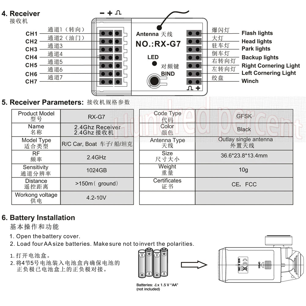 Flyueace T-6819C - 7CH 2.4GHZ 4.2-10V Radio Control System Transmitter With Receiver For RC Car Boat Tank Truck Toy Linkage lights 23 Flyueace T-6819C, 2.4GHz Receiver Color Black RM 2.4Ghz iWVL