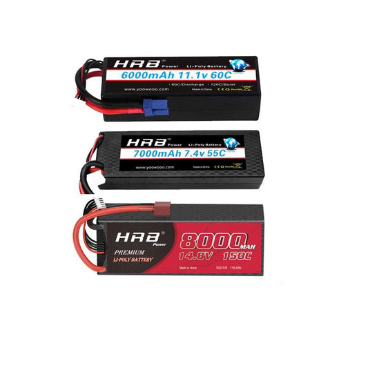 HRB RC लिपो बैटरी 2S 3S 4S 7.4V 11.1V 6000mah 7000mah 8000mah 9500mah 50C 60C हार्ड केस कार नाव XT60 T डीन
