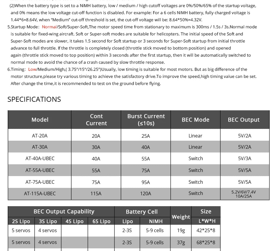 T-MOTOR AT series ESC, (1)When the type setto NiMH battery, low medium high cutoff voltages are 09
