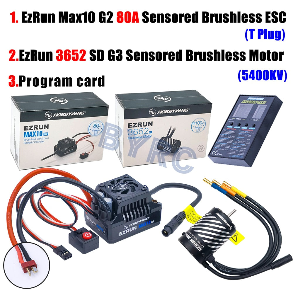 HobbyWing EzRun Max10 G2 ESC kit for 1/10 RC cars includes ESC, brushless motor, and programming card.