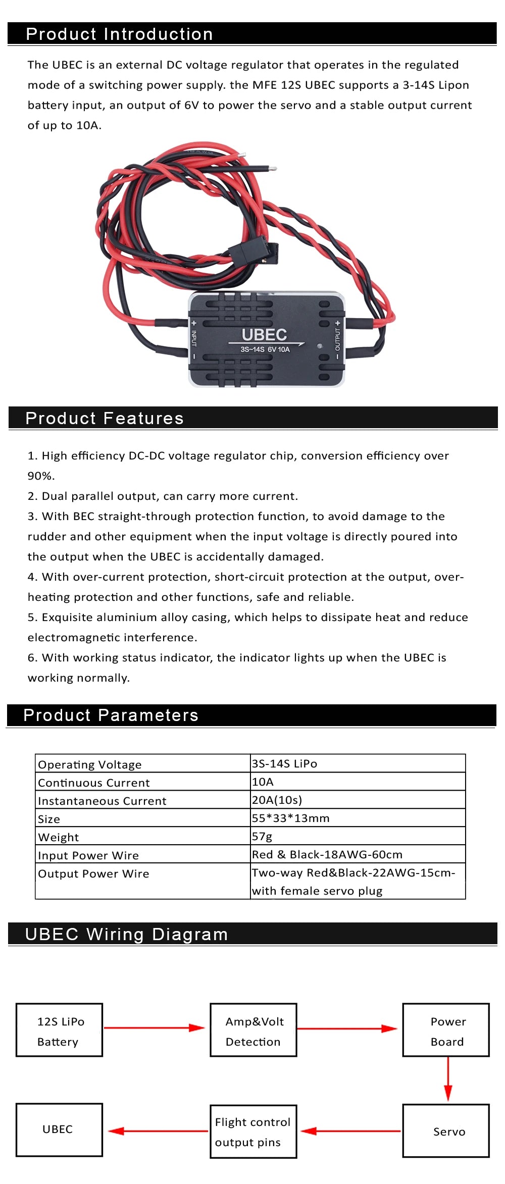 High-voltage UBEC module regulates DC power for servos, efficient, protected, and features heat dissipation and EMI reduction.