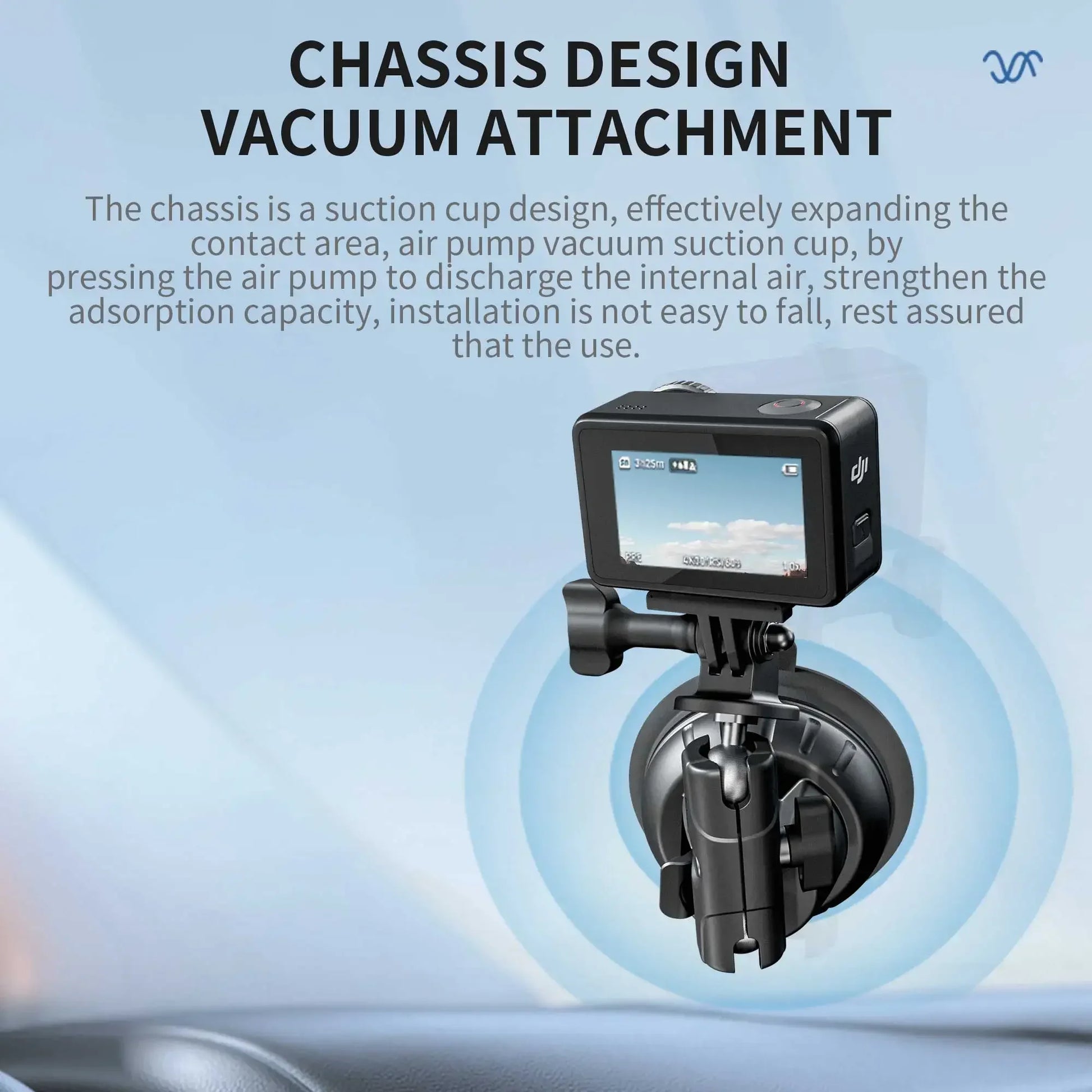 Vacuum suction chassis with air pump for strong adhesion, compatible with DJI, Insta360, and GoPro action cameras. Secure and easy installation.