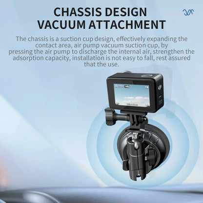 Vacuum suction chassis with air pump for strong adhesion, compatible with DJI, Insta360, and GoPro action cameras. Secure and easy installation.