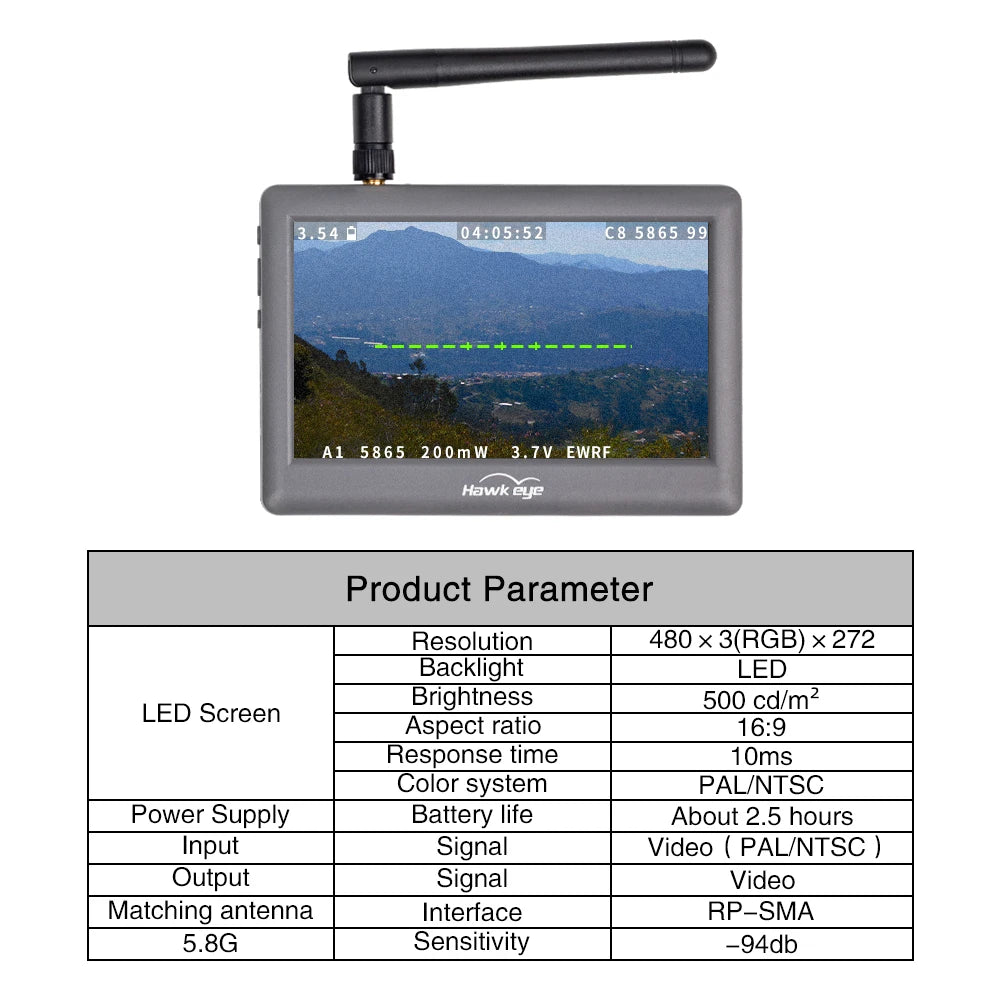 Hawkeye Little Pilot 5.8G FPV Monitor, LED Screen Aspect ratio 16.9 Response time 1Oms Color system PALINTSC