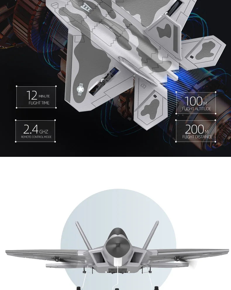 BM22 F22 Fighter is a remote control airplane with 2.4GHz frequency, 4CH, large fixed-wing design, and features 12 minute flight time.