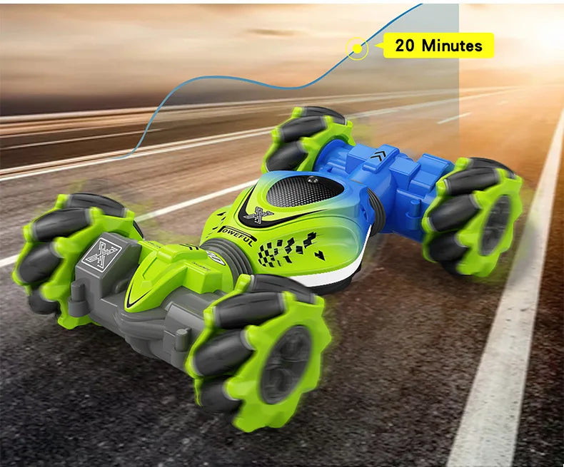 our gesture sensing stunt rc car built-in colorful lights and cheerful music .
