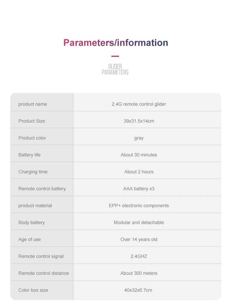 G1 RC Airplane, GLIDER PARAMETERS product name 2.4G remote control glider Product size 39