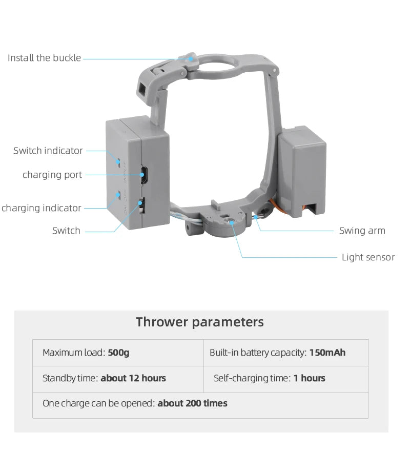 Airdrop System for DJI Mavic 3/3 Classic/2/AIR 2/2S Drone Thrower Fishing Bait Wedding Ring Gift Deliver Life Rescue Kits 34 the buckle Switch indicator charging port charging indicator Switch Swing arm Light sensor Thrower parameters Maximum load