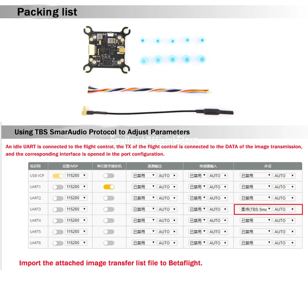 SoloGood 5.8G 1W 48CH VTX - Image Transmission Rush Cherry ntenna Input Voltage 7-26V Transmission Power 25/100/200/400/1000mW 13 SoloGood 5.8G 1W 48CH VTX, an idle UART is connected to the flight control, the TX of the flight controller is