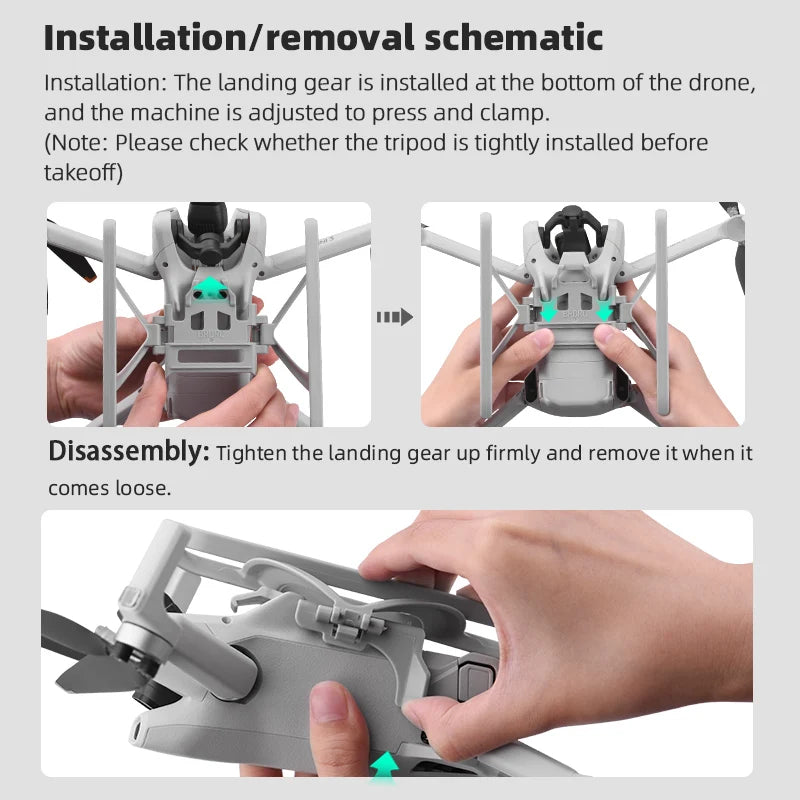 Foldable Landing Gear for DJI Mini 3/MINI 3 PRO, landing gear is installed at the bottom of the drone, and the machine is adjusted to press and