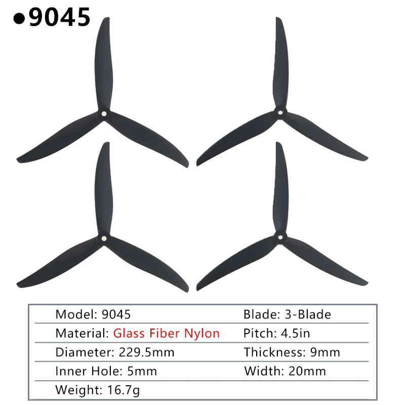 2PAIRS GEMFAN Drone Propeller, 9045 Blade: 3-Blade Material: Glass Fiber Nylon Pitch: 4.5in