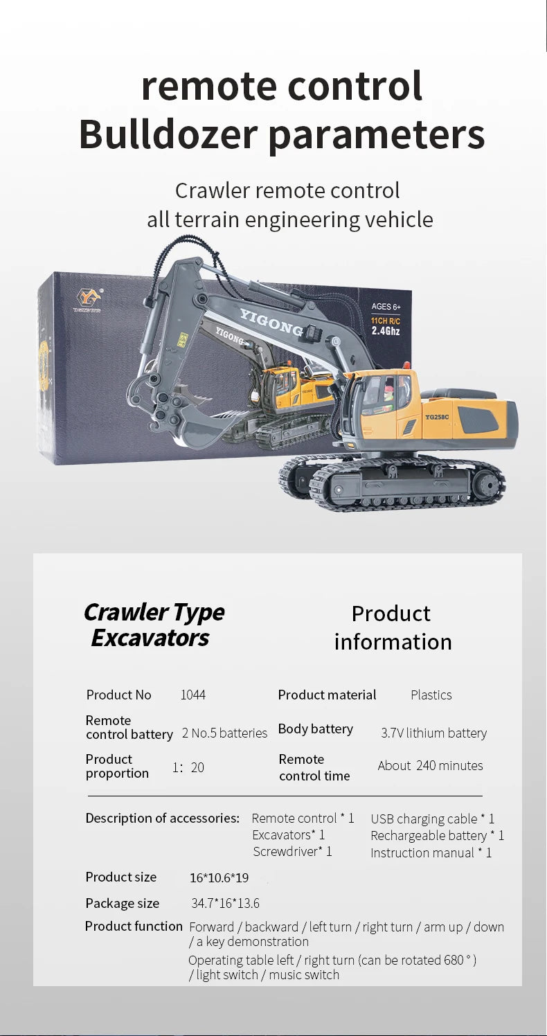1:20 RC Excavator Dumper Car, remote control Bulldozer parameters Crawler remote control all terrain engineering vehicle AGES I