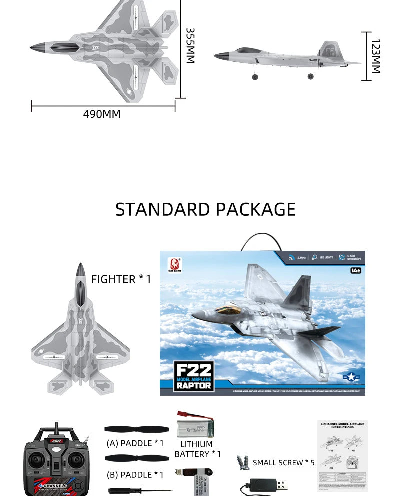 BM22 F22 Fighter remote control airplane with standard package including 490mm plane, paddle battery, screws, and manual.